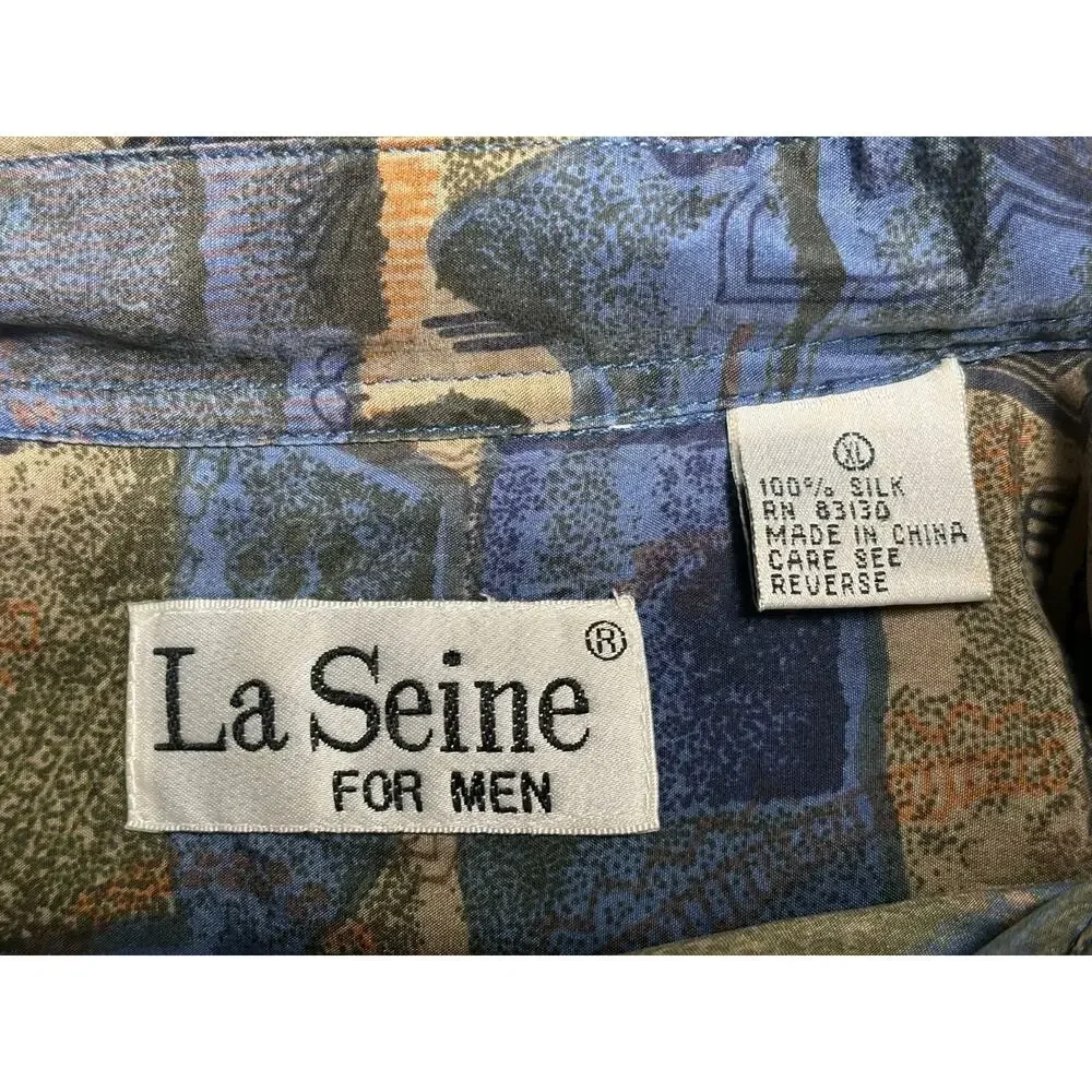 La Seine 100% Silk Button Up Shirt Mens XL Geometric Blue Multi Short Sleeves